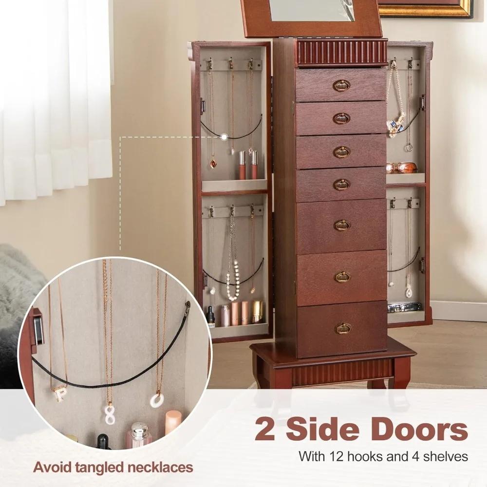 Standing Jewelry Armoire Cabinet Storage Chest with 7 Drawers, 2 Side Doors, 12 Necklace Hooks, Makeup Mirror and Top Di