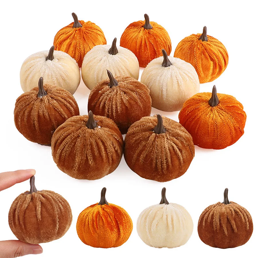 8/12pcs Plush Fabric Simulation Pumpkin Fake Plant Ornaments Autumn Halloween Harvest Festival Home Decoration Shooting Props