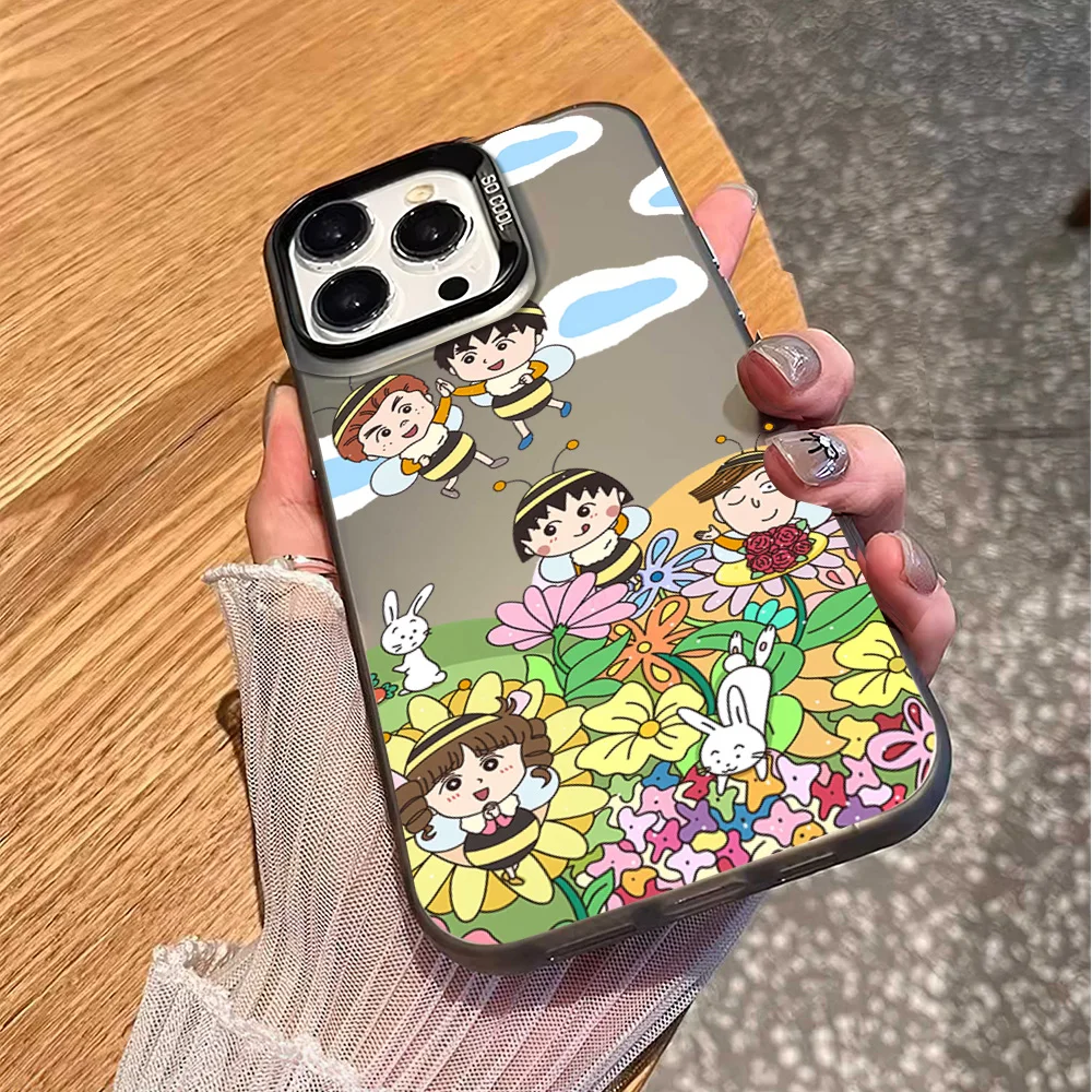 Bilibili C-Chibi M-Maruko-Chan Phone Case For iPhone 16 12 13 14 15 Pro Max Plus Color Electroplated Silver IMD Laser Cover