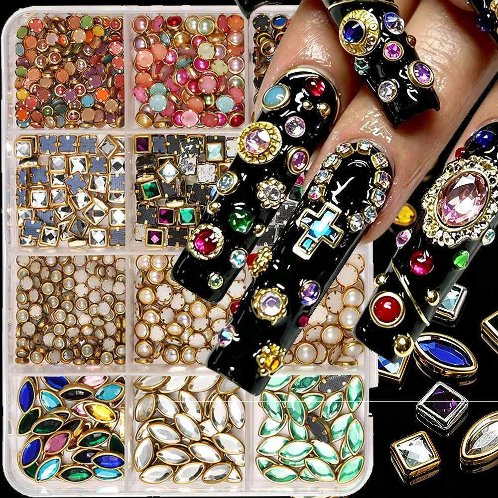 12gridLuxury Retro Gemstone Inlaid Nail Charms Metallic Gold&Silver Framed Gem Nail Art Decoration With Alloy Cross Rivet Parts