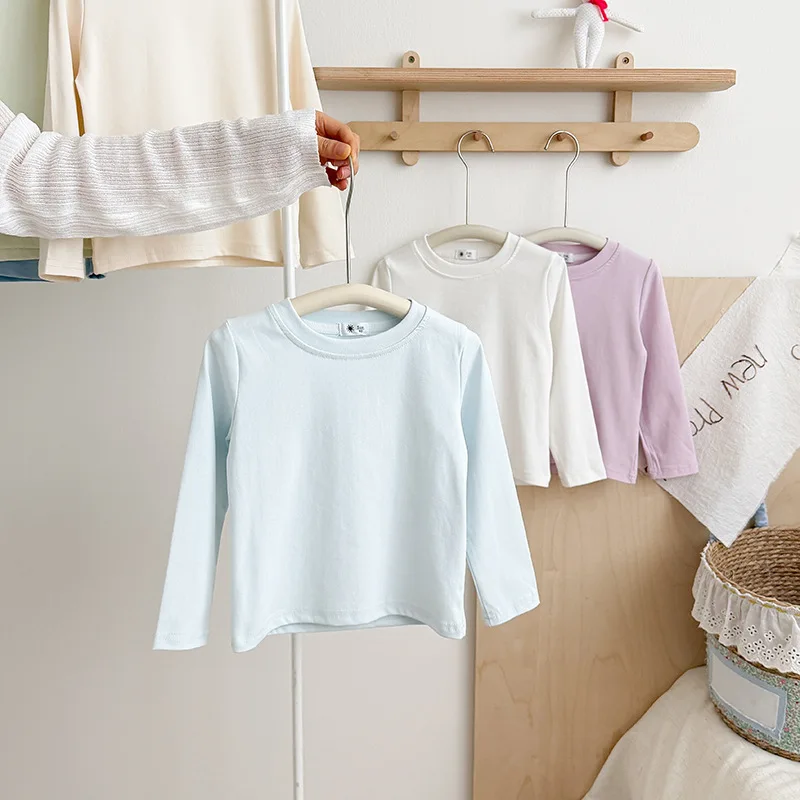 Children's Pure Cotton Long-sleeved Bottoming Shirt Spring Autumn Round T-shirt Boys Girls Baby Soft Top Multi-color Optional
