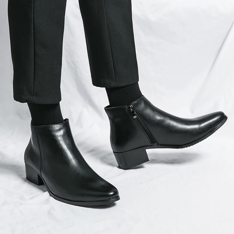 Classic Black Leather Ankle Boots For Men Women British Style Pointed Toe Men's Chelsea Boots Comfortable High Top Dress Shoes - view 4
