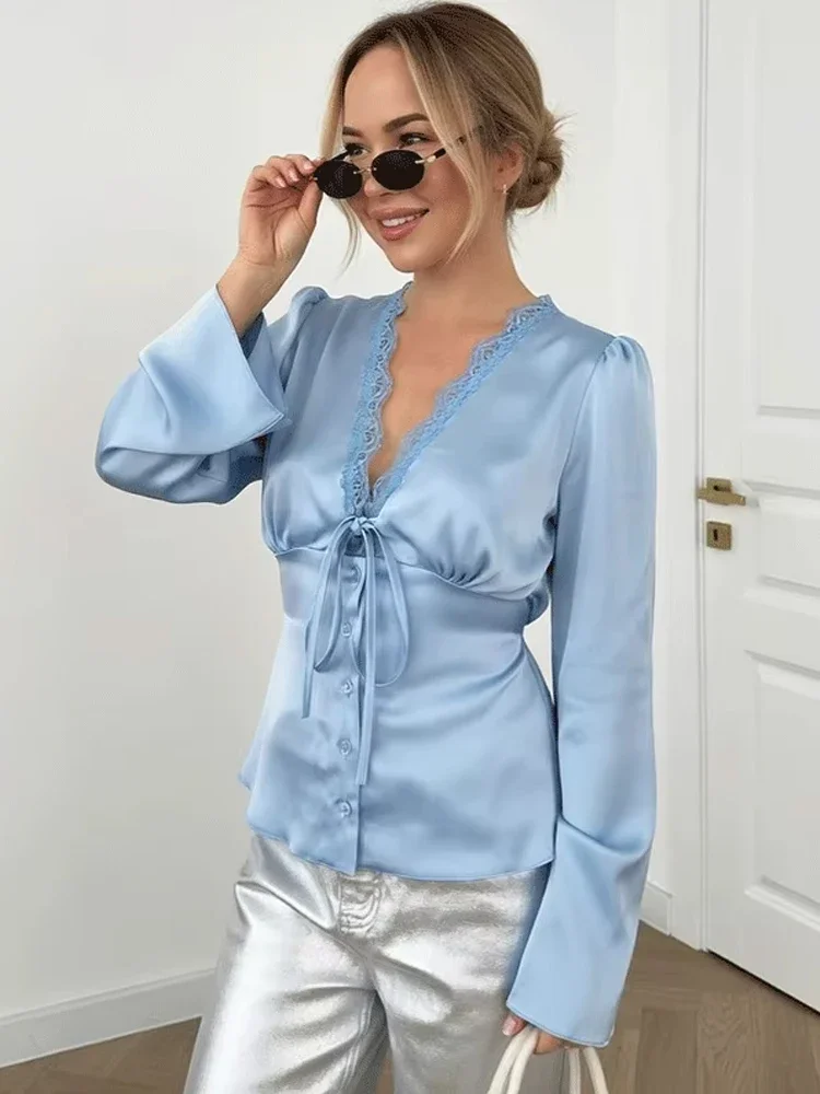 Women Light Blue Satin Lace Trim Tie Front Blouse Elegant V Neck Flare Long Sleeve Tops 2025 Casual Work Office Party Shirts