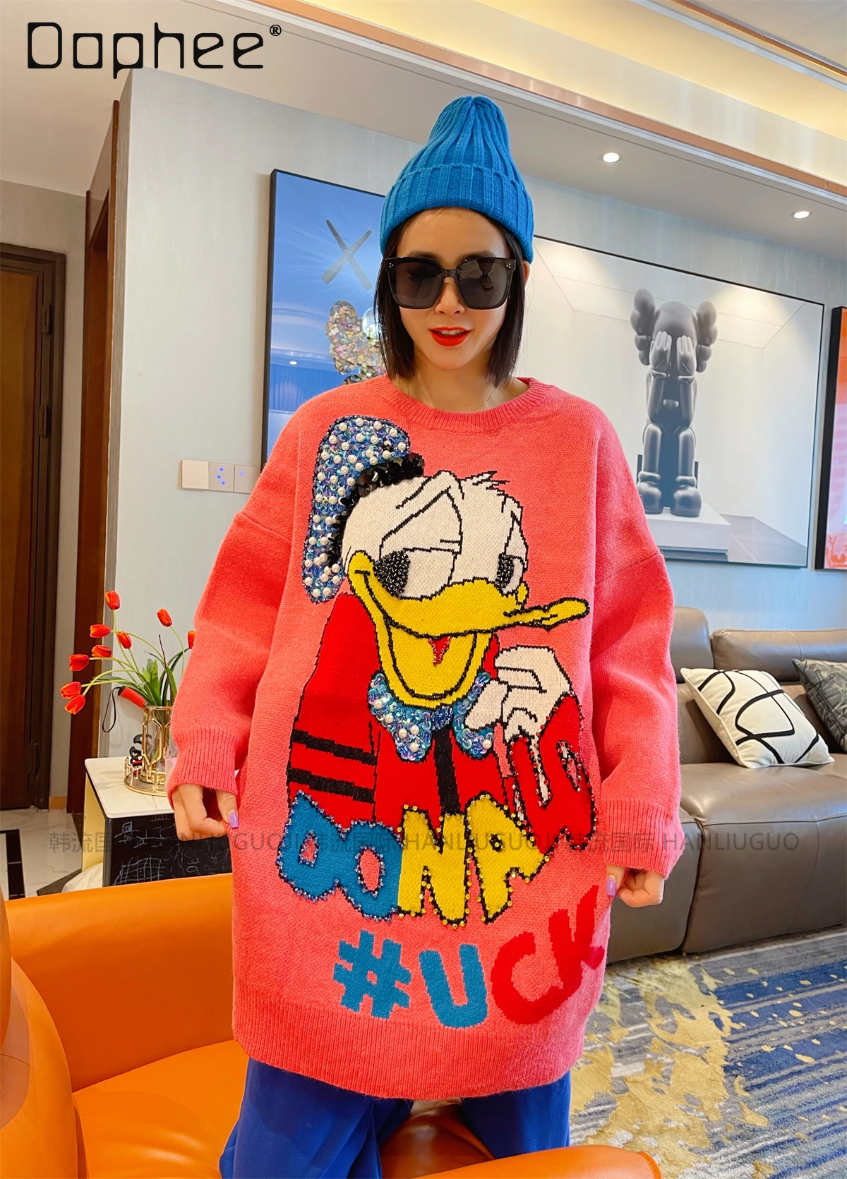

Winter Heavy Beaded Cartoon Sweater for Women European Fashion Loose Thick Knitted Coat Fashion Tops 2025 Women