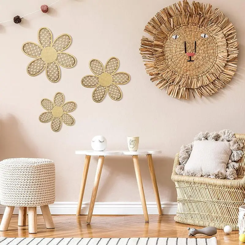 Boho Daisy Decor 3pcs Aesthetic Wooden Flower Wall Floating Pendant Wooden Rattan Woven Flower Ornaments Baby Room living room