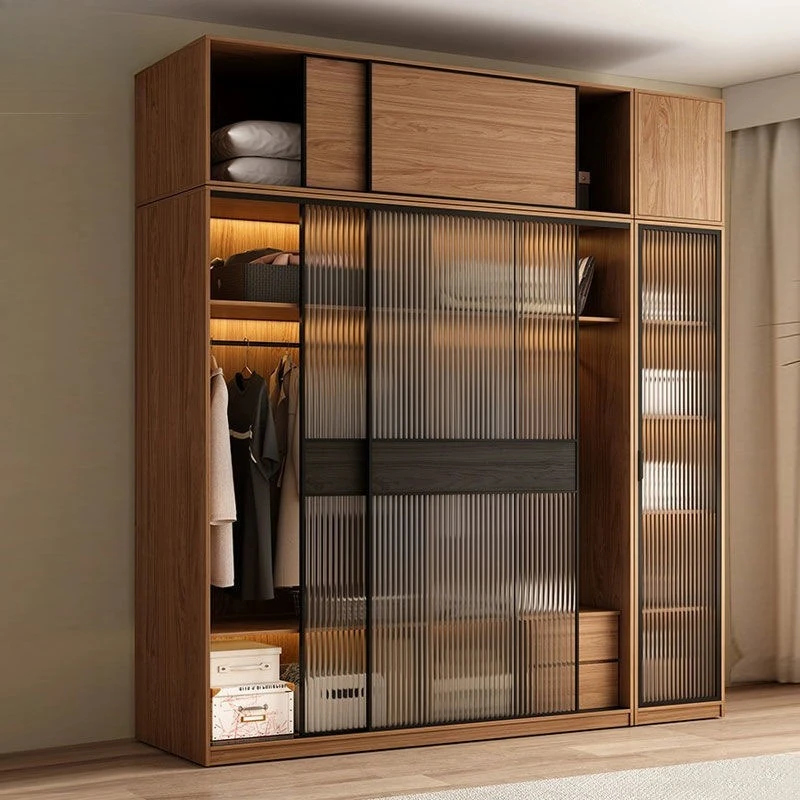 

Sliding door wardrobe New Chinese-style large and small apartment household bedroom locker Glass door with lamp storage wardrobe