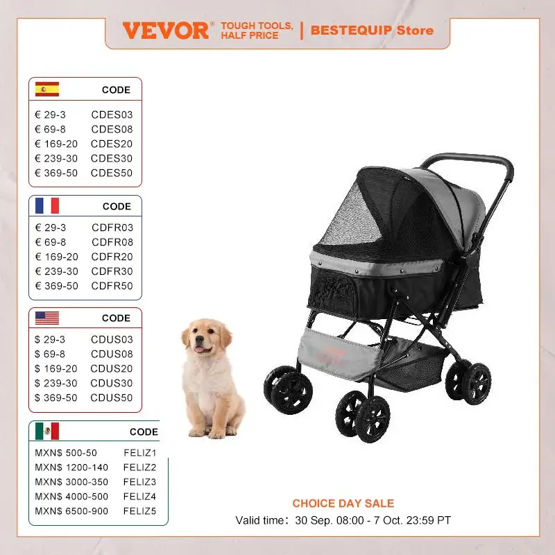 

VEVOR 44lbs Pet Dog Stroller 4 Wheels Puppy Stroller Rotate with Brakes Storage Basket Reversible Handlebar for Dogs Cats Travel