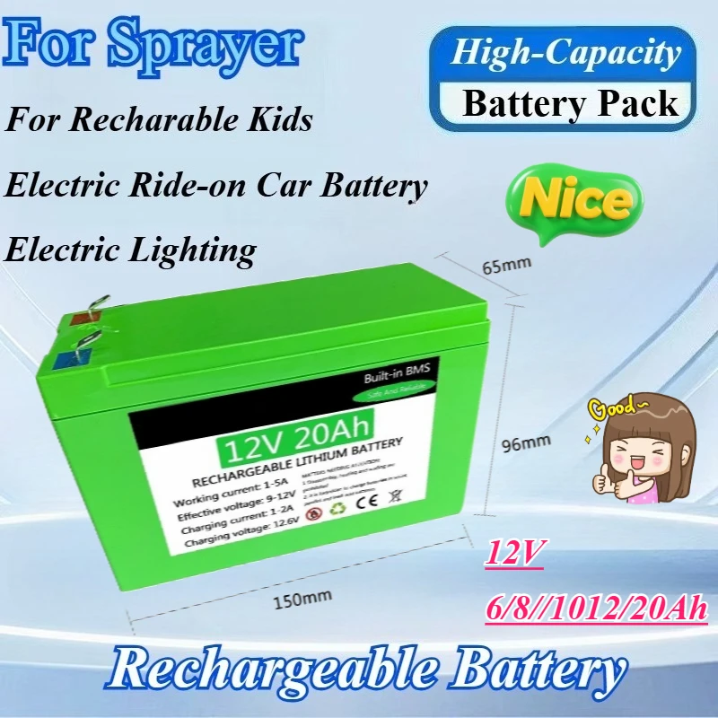 

12V 6/8//1012/20Ah 18650 Rechargeable Battery Pack for Sprayer Recharable Kids Electric Ride-on Car Battery Electric Lighting