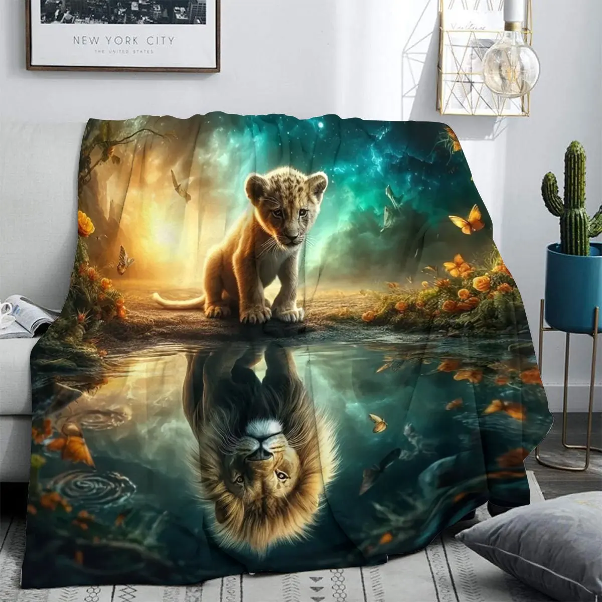 Lion Cub Fantasy Blanket Magical Forest Reflection Print Soft Flannel Fleece Throw Quilt Bedding Sofa Cover Warm Plush Blanket