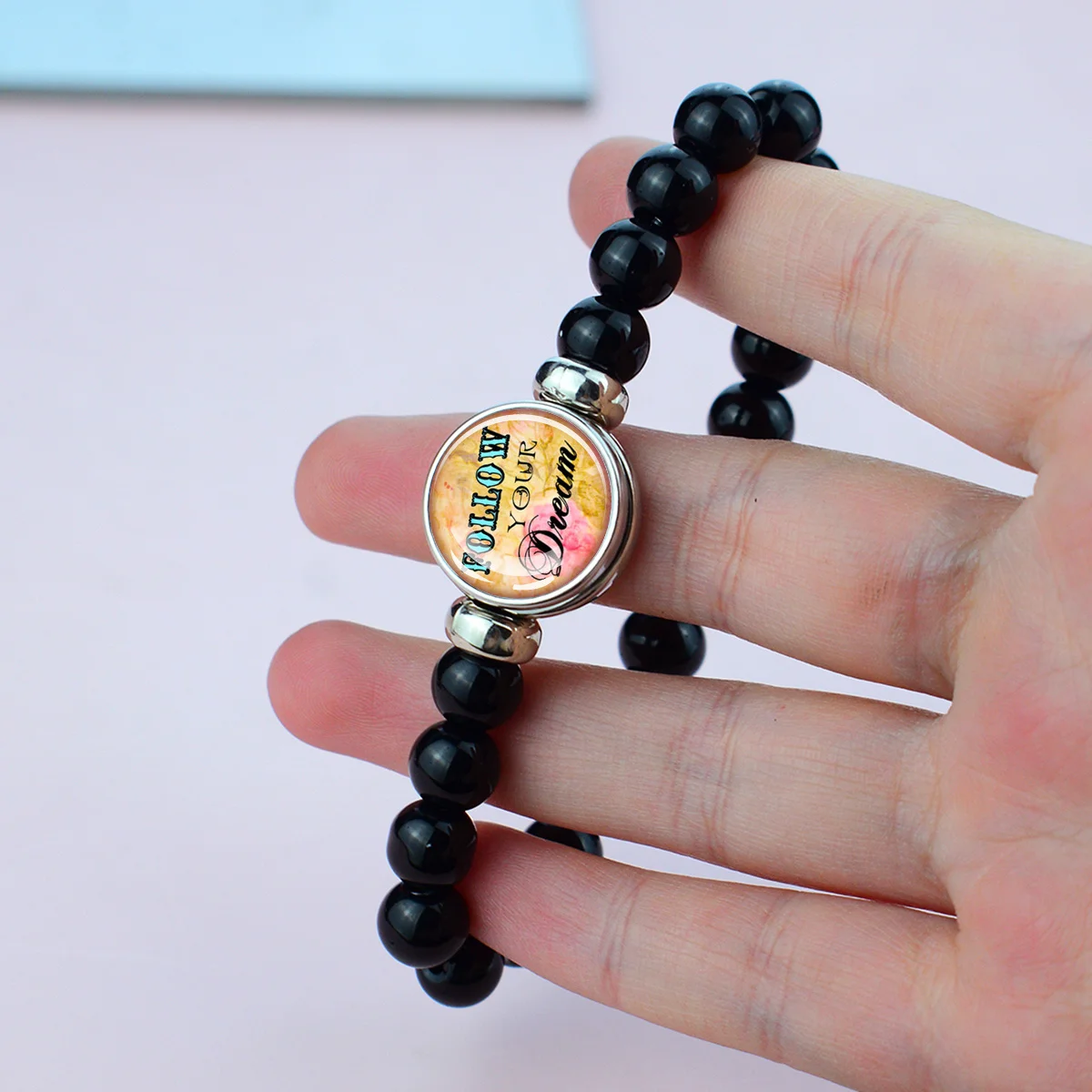 1pc Belief Inspiring Quotes Black Background Blue Bead Bracelet Glass Cabochon Adhesive Buckle Bracelet Enthusiast Exquisite