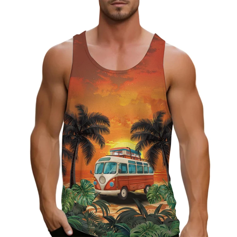 3D Print Palm Tree Car Graphic Tank Top For Men Clothing 2025 New Fashion Sleeveless Beach Tops Homme Hawaii Transportation Tee