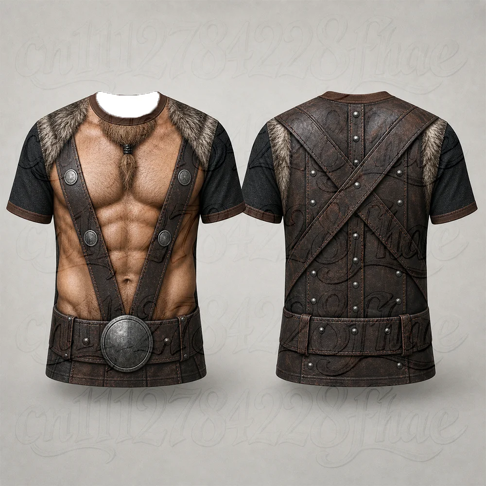 3D Muscle Armor Costume Retro Print Tee Parent-Child Halloween Cosplay Party Short Sleeve Crewneck T-Shirt Vintage Streetwears