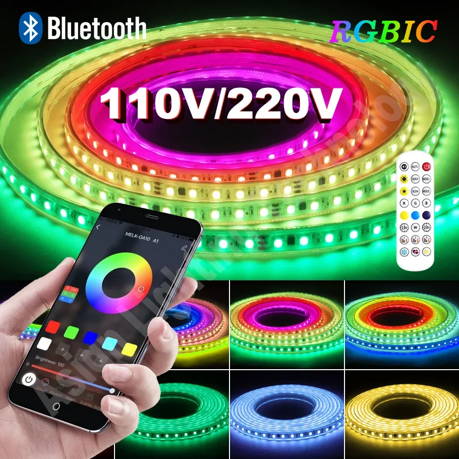 1-50M RGBIC Led Strip Light 110V 220V 60Leds/m Smart Bluetooth Remote Control Waterproof IP67 Dream Color Flex Tape Strip Lamp