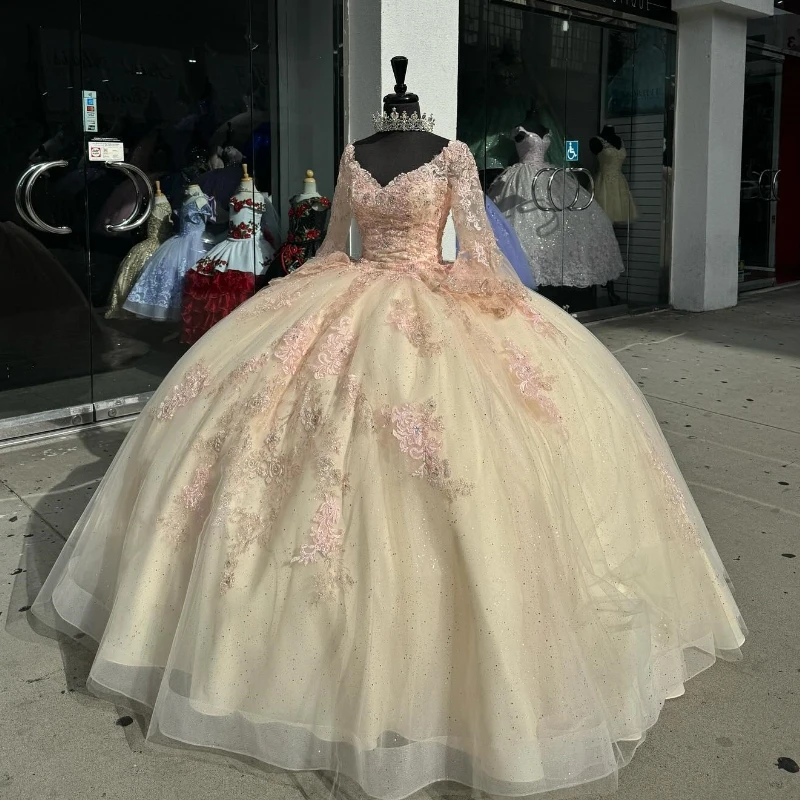 Lorencia Mexiko V-Ausschnitt Ballkleid Quince anera Kleid Langarm Mädchen Applikation Spitze Perlen süß 16 Kleid Vestidos de 15 YQD284