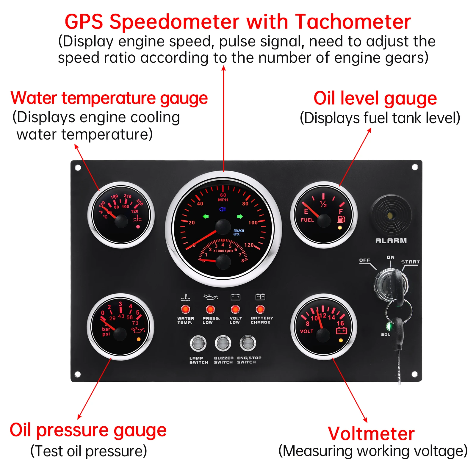 

5 Gauge Set Instrument Switch Panel Tachometer 8000 RPM Meter 85mm GPS Speedometer 52mm Water Temp Gauge Fuel Level Oil Press Vo
