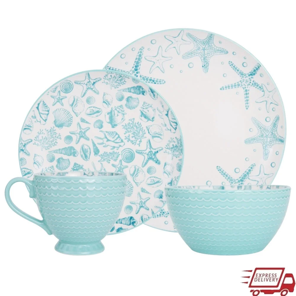 

16 Piece Stoneware Dinnerware Set 4 Includes Plates Bowls Mugs Dishwasher Microwave Safe Coastal Design Perfect Everyday Use