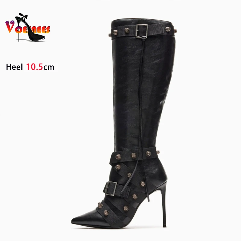 2024 New Women Long Boots Europe and America Style Buckle Side Zip Rivet Shoes 10.5CM Stiletto Heels Pointed Toe Knee High Boots