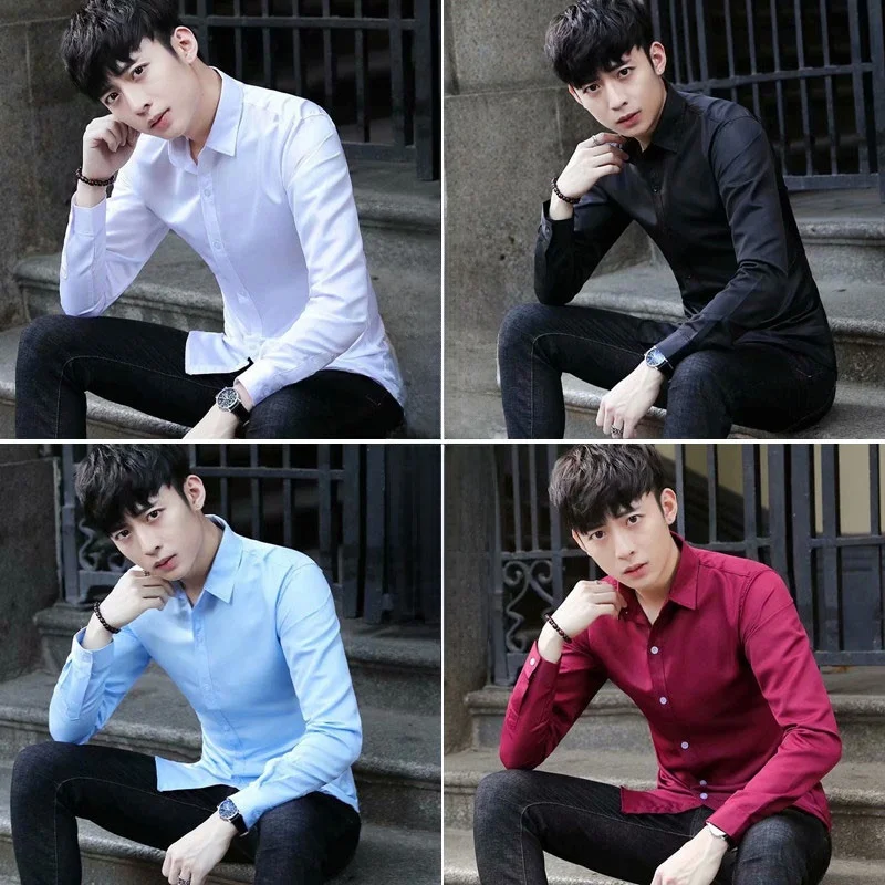 

Busin Casual Long Sve Men's irt Slim Fit Youth Trendy Pure Color White irt Comfortable Breathable Summer Faion