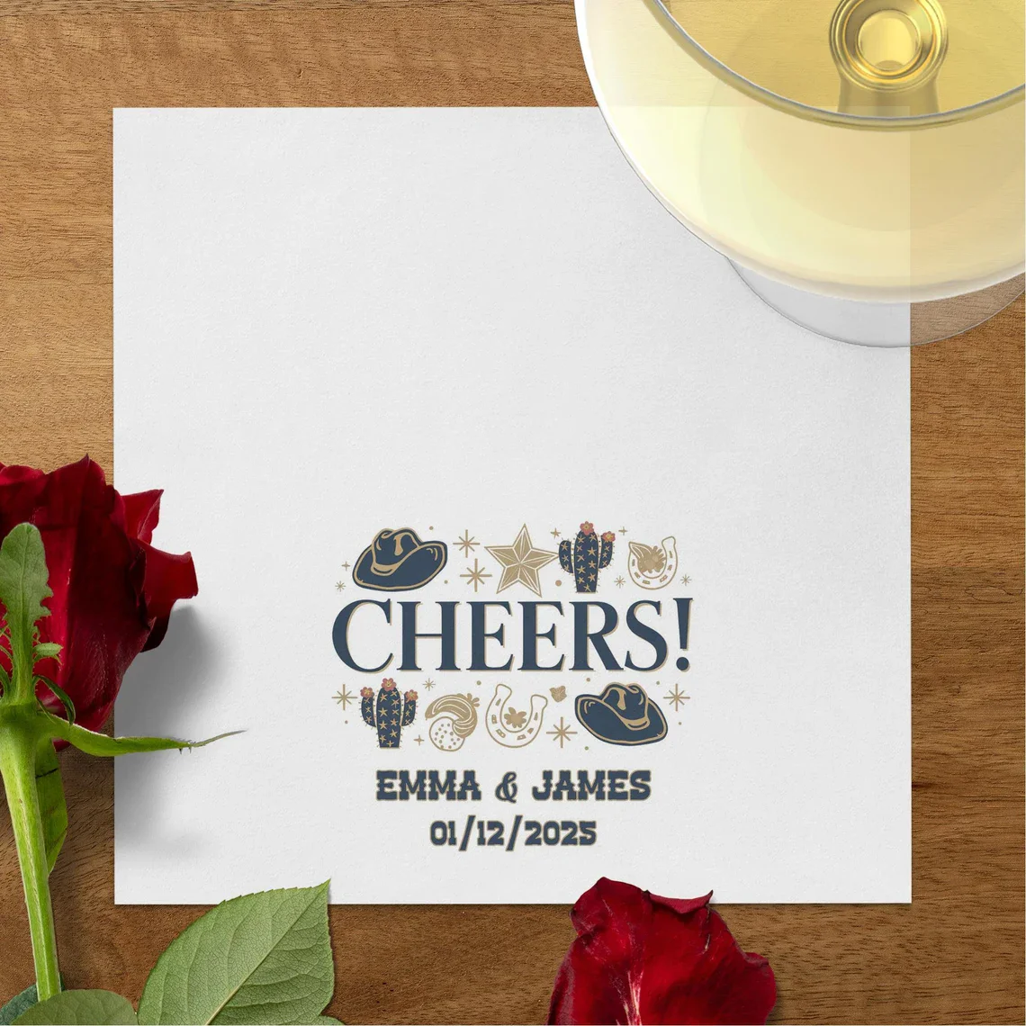 

50pcs Personalize Western Wedding Napkins, Cowboy Anniversary Party Napkin, Custom Drink GuestTowel, Cheers Bar Napkin, Name Dat