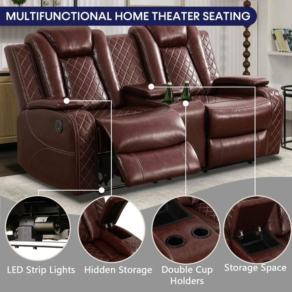 Leather Recliner Sofa Set, Power Reclining Sofa With USB Port, Wireless Charger, Storage Console, Cup Holder Theater Wine Sofas