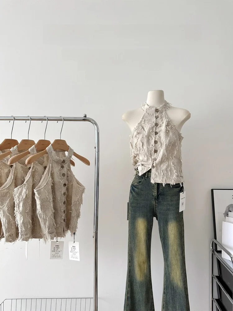 Korean Sle ort Svel Stand Collar Tassel Trim irt Vest Women's Faionable Chic Hot Girl Ne Hanging Design Commu...