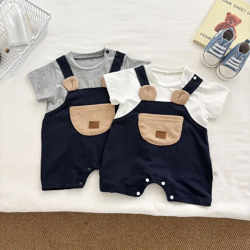 

ZOETOPKID Korean-style Baby One-piece Short Sleeved Cute Rompers Summer Thin Baby Boy Super Cute Casual Pocket Jumpsuit