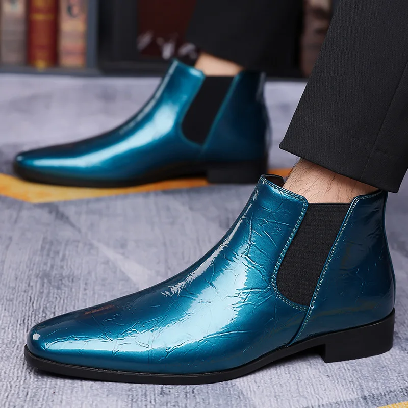 New Men's Glossy Chelsea Boots Luxury Brand Business Pointed Short Boot Handmade British Style Ankle Boots for Men Dress Shoes