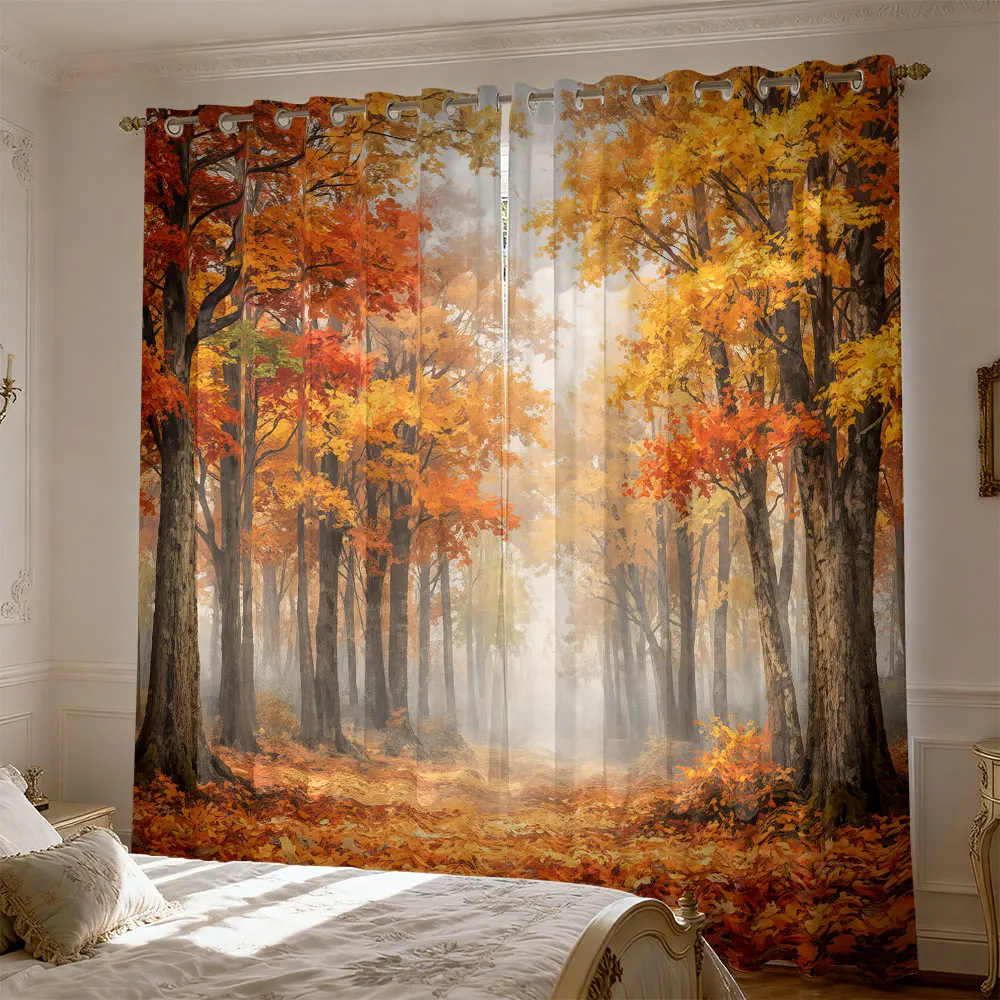 2pc autumn mist maple forest curtains for bedroom shading and home fashion decoration