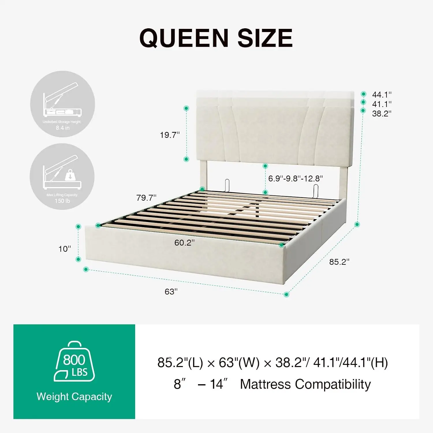 White Queen Size Lift-Up Storage Bed Frame with Built-In Charging Station and LED Lights