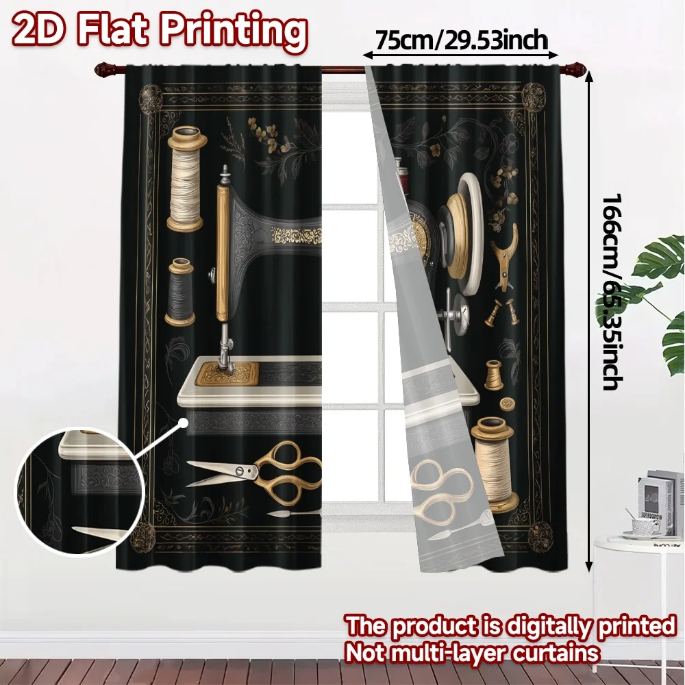 2pcs, 2D FLAT PRINTING Curtains (Without Rod) Vintage Sewing Set Chic Fashionable Curtains Semi-Sheer Curtains Thermal