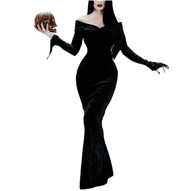 Black Party Gown Sexy Dress Morticia Addam Halloween Witch Ghost Costume Women Gothic Wednesday Vampire Gown Outfit For Adult