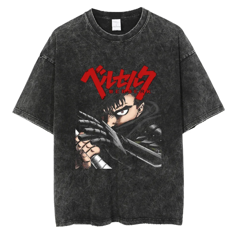 Anime Berserk Graphics Print T Shirt Retro Vintage Washed Cotton Tees Harajuku Casual Short Sleeve Tops Streetwear Guts Griffith