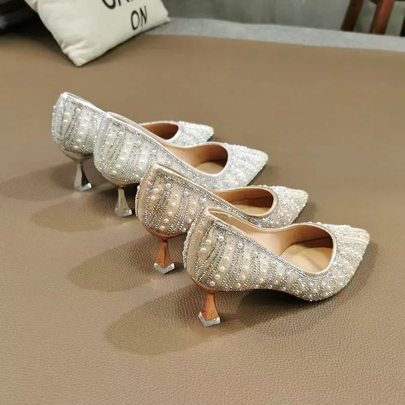2026 New Elegant Goddess Pointed Toe Pearl High Heels French Stiletto Single Shoes
