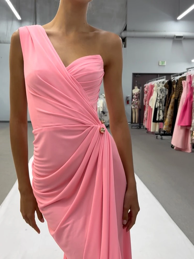 

Sexy Pink High Slit Long Dresses – Draped Slit One Shoulder Maxi Dress for Women Asymmetric Neckline Prom Nights Gown Vestidos