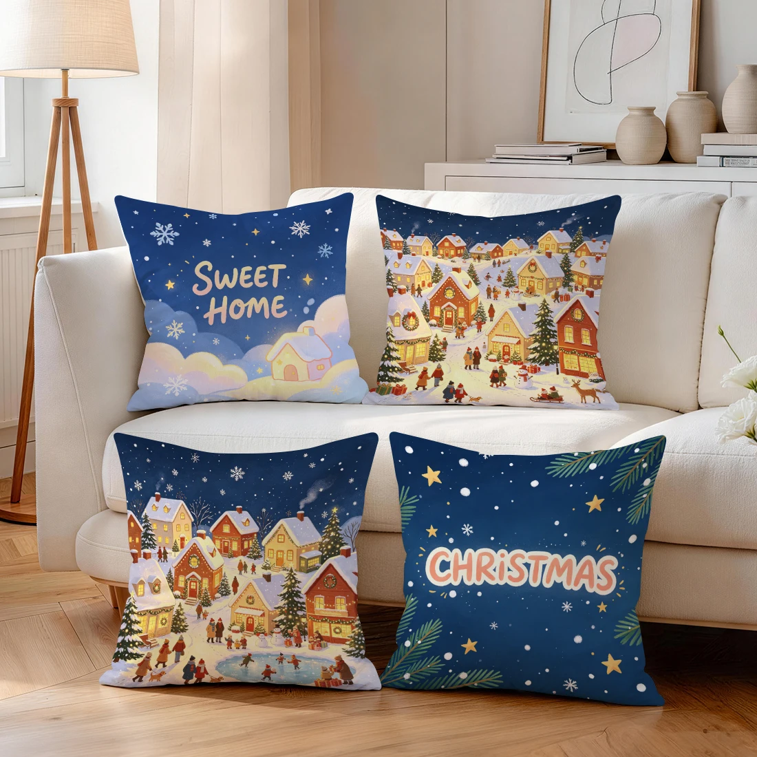 Fairy Town Christmas Pillowcase Printed Polyester 40/45/50cm Throw Pillowcover Decorative Sofa Cushion Pillowslip Home Decor