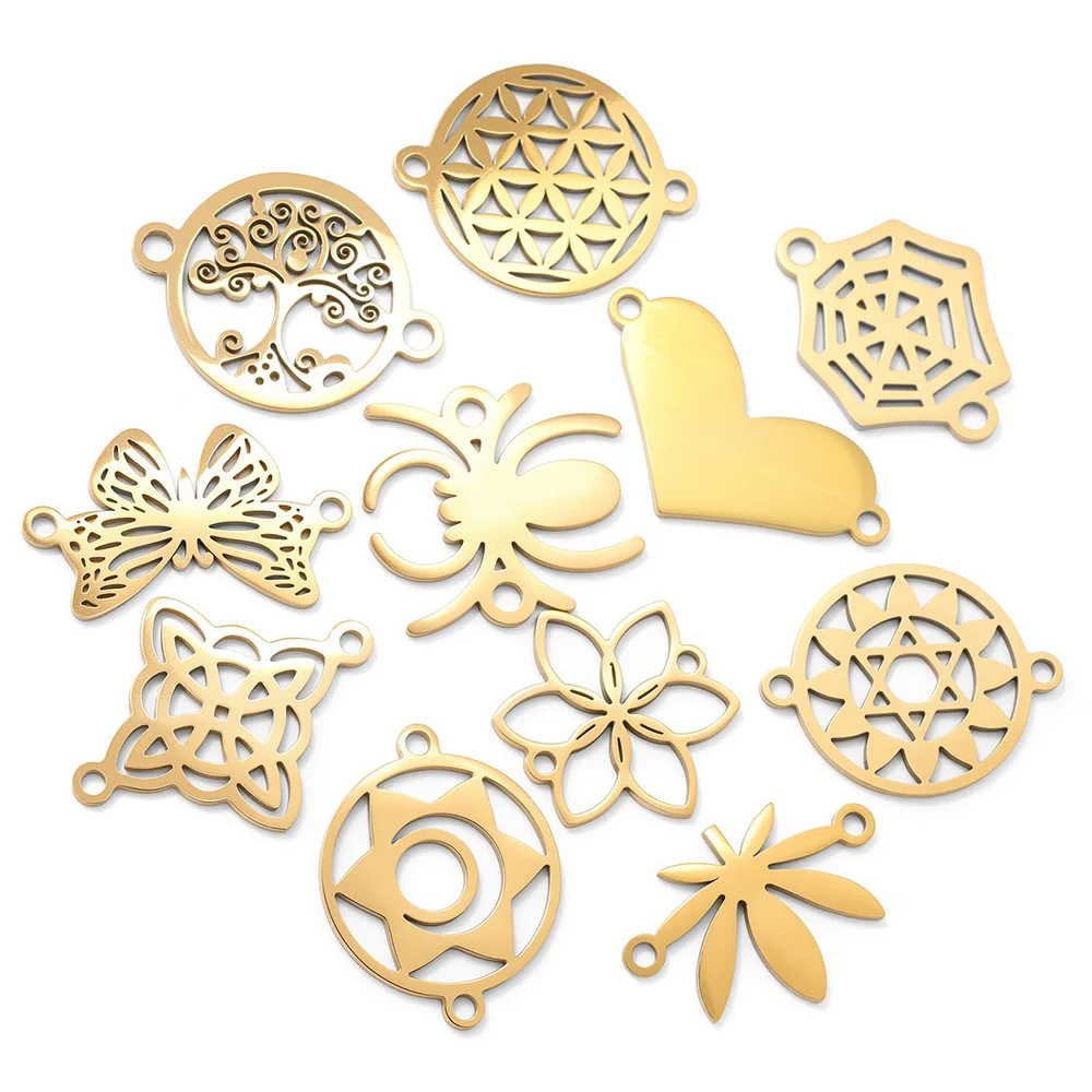10pcs/lot Stainless Steel Etched Spider webs flowers hearts DIY Charm Connector Pendant  Necklace Pendant Jewelry Finding