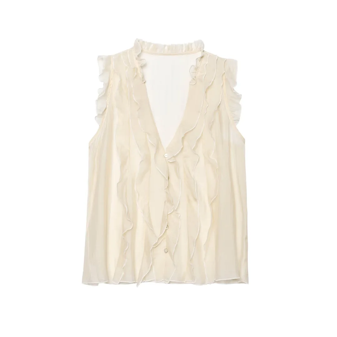 Nieuwe ruches tops mode semi-transparante korte top vrouw mouwloze ruches tops voor vrouwen elegante feesttop