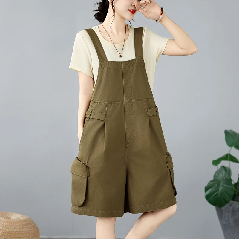 Cargo Shortalls for Women Casual Loose Fit Multi-Pocket Utility Overall Shorts Khaki Short Jumpsuits
