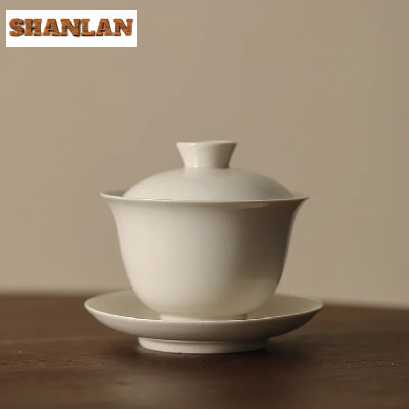 120ml Plant Ash Handmade Cover Bowl Solid Color Tea Bowl Gaiwan Retro Tea Tureen Anti-scald Tea Making Teaware Equipment Craft