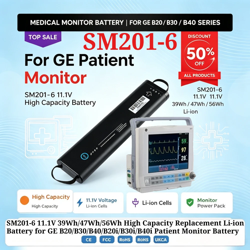 SM201-6 11.1V 39Wh/47Wh/56Wh High Capacity Replacement Li-ion Battery for GE B20/B30/B40/B20i/B30i/B40i Patient Monitor Battery