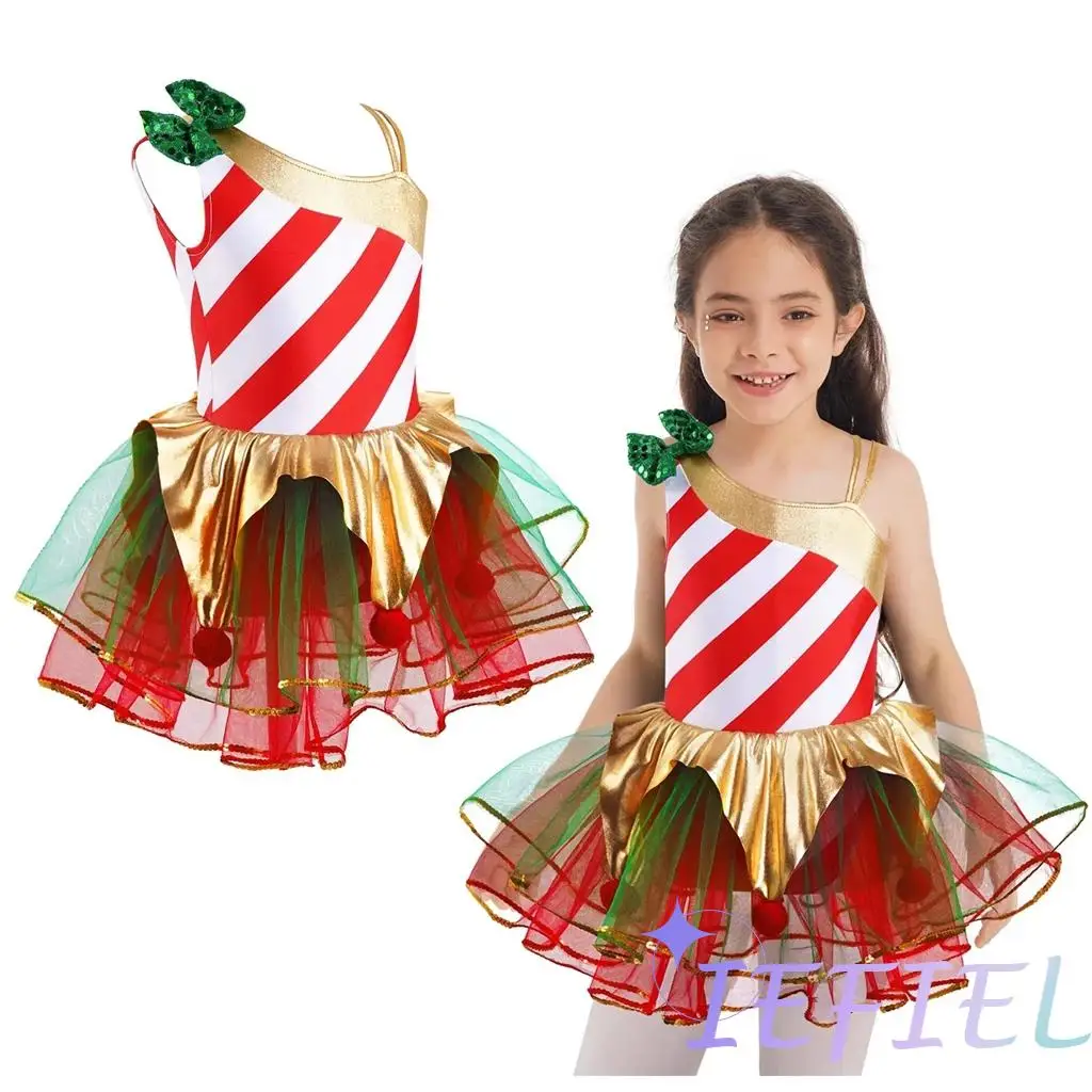 Dziewczyny Christmas Party Princess Dress Candy Cane Costume Xmas Santa Claus Cosplay Ballet Dance Dress Tutu Skirted Bodysuit