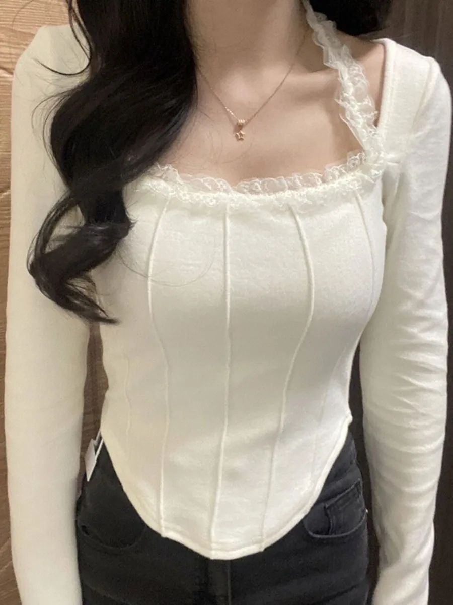 Camiseta larga de encaje irregular Ne colgante Sve para mujer primavera otoño Thiened Base irt ropa interior de gama alta dulce picante Gi...