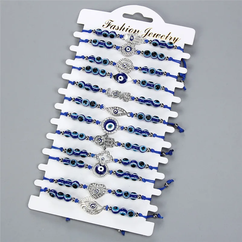 12Pcs/lot Blue Round Beads Eyes Charms Braided Bracelet Set for Women Child Adjustable Rope Wristband Bracelet Jewelry Gifts