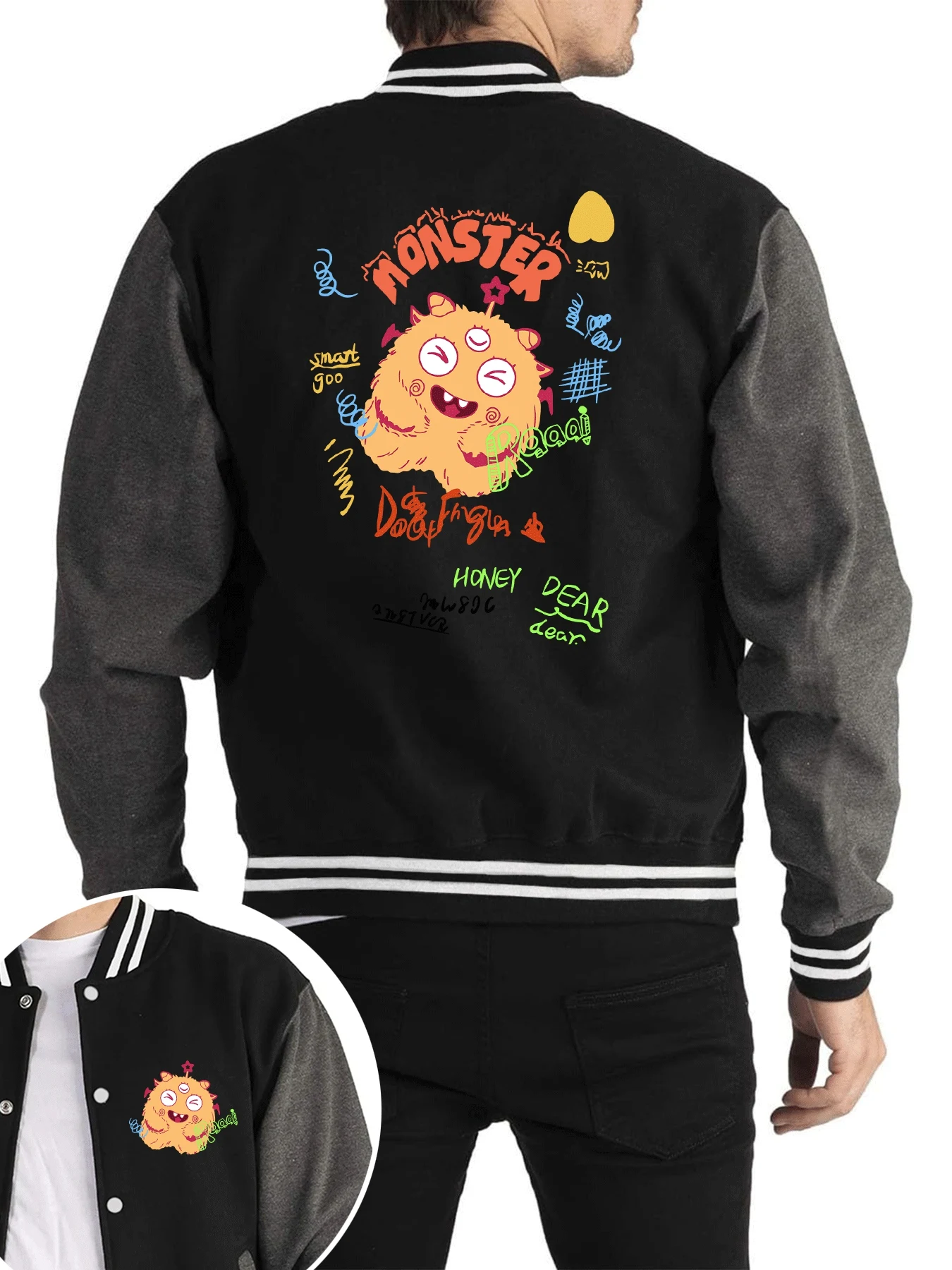 

Милая желтая плюшевая одежда с принтом «Маленький монстр», мужская забавная повседневная уличная одежда, осенние куртки, флисовая мягкая мужская бейсбольная майка