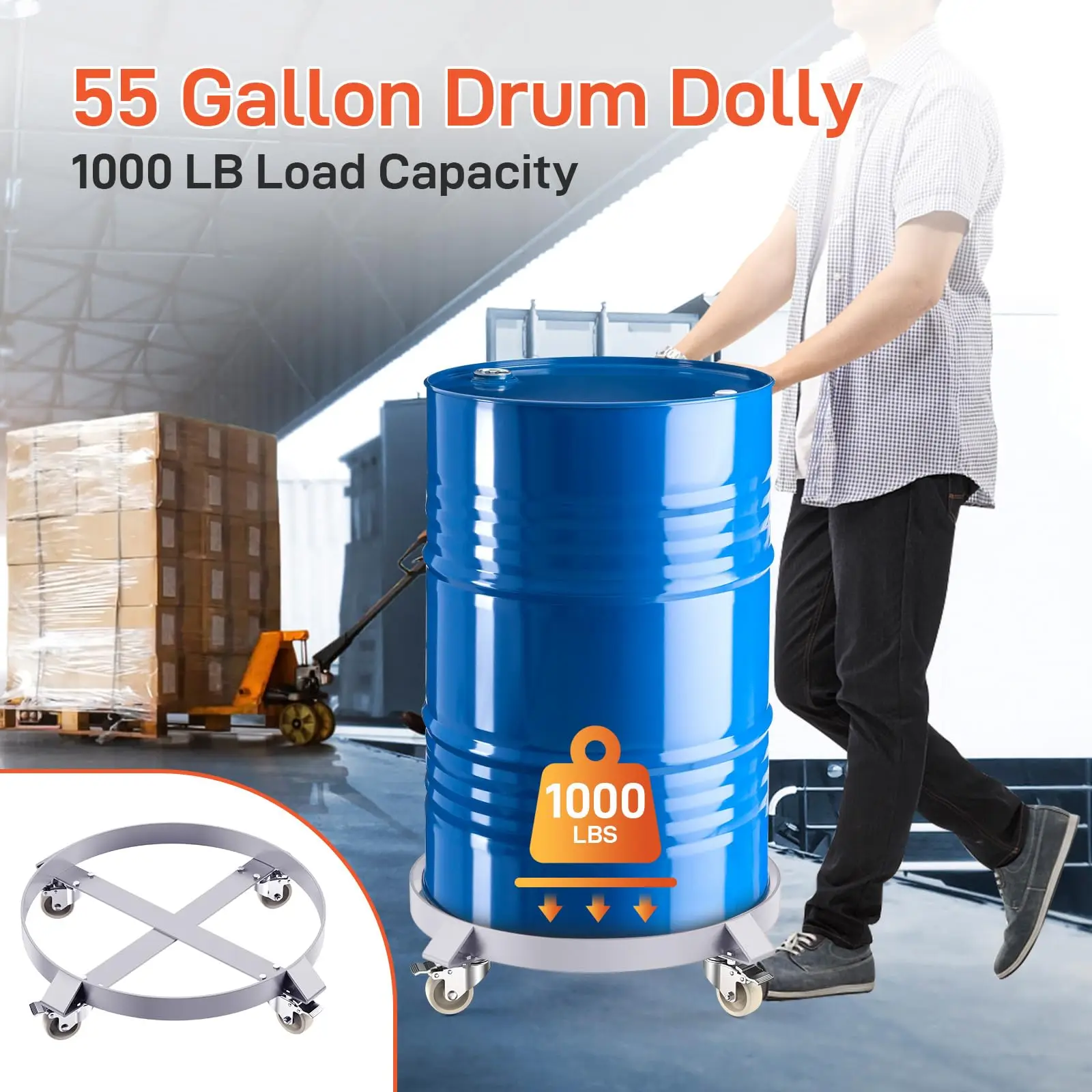 Heavy Duty 55 Gallon Steel Drum Dolly - 1000 lbs Capacity - Thick Steel Frame - 4 Swivel Casters - Efficient Barrel Mover for Warehouse, Garage, Workshop