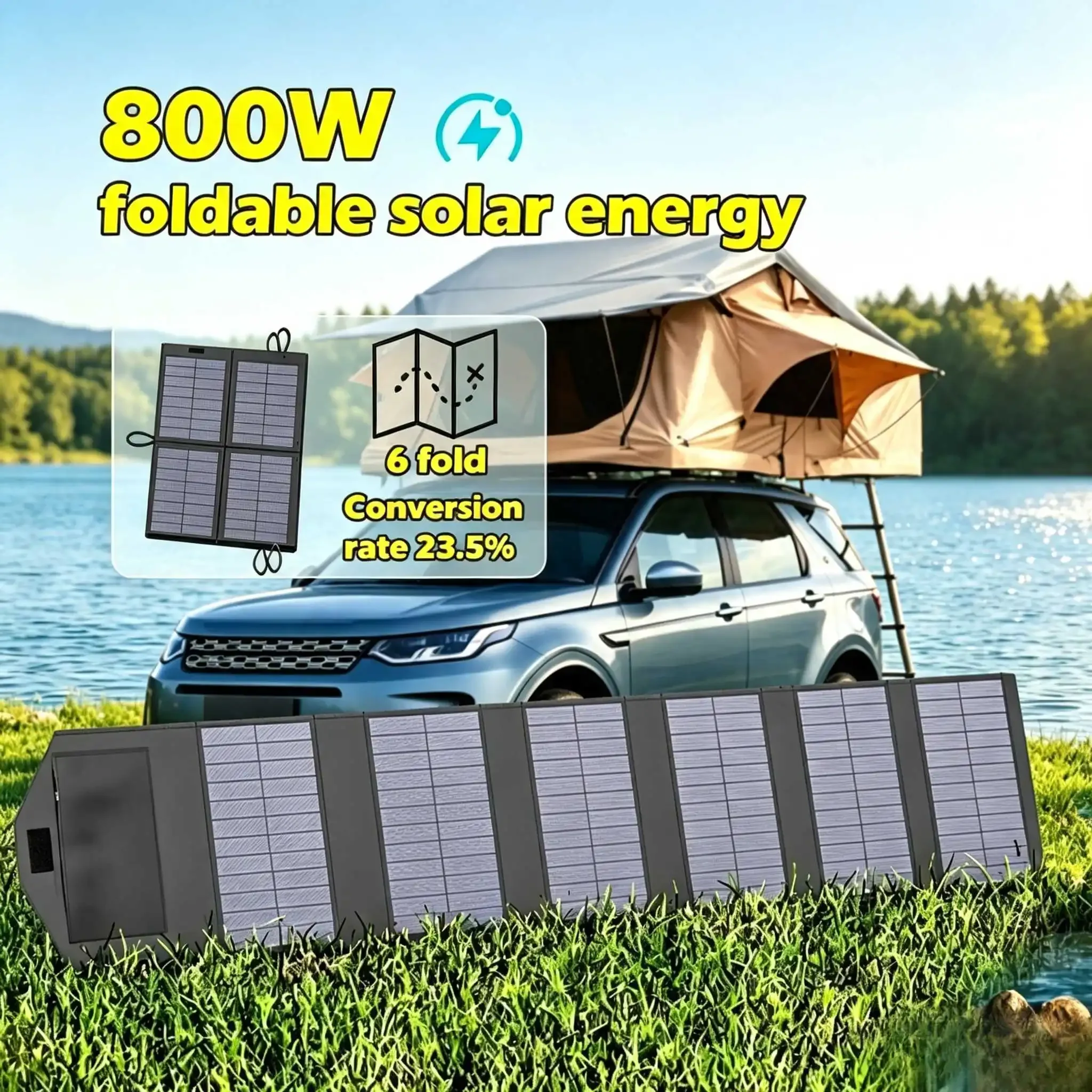 Foldable 800W Solar Charger, 6-Panel Design with Dual USB 5V and DC Ports for RV, Boating, and Off-Grid Power Supply Needs