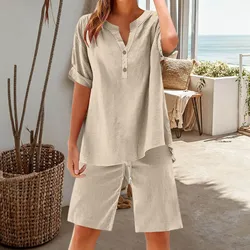 Traje informal de lino y algodón para mujer, traje elegante con pantalones de pierna ancha, holgado e informal para verano