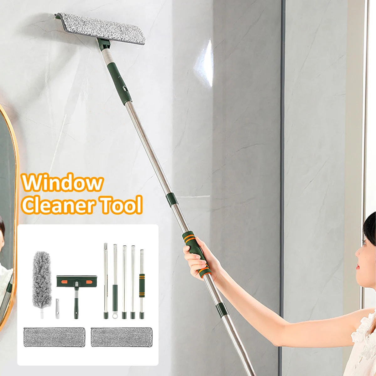 Window Squeegee Multi-function Window Cleaner Tool with 57/89inch Extension Flexible Window Pole Detachable Microfiber Scrubber