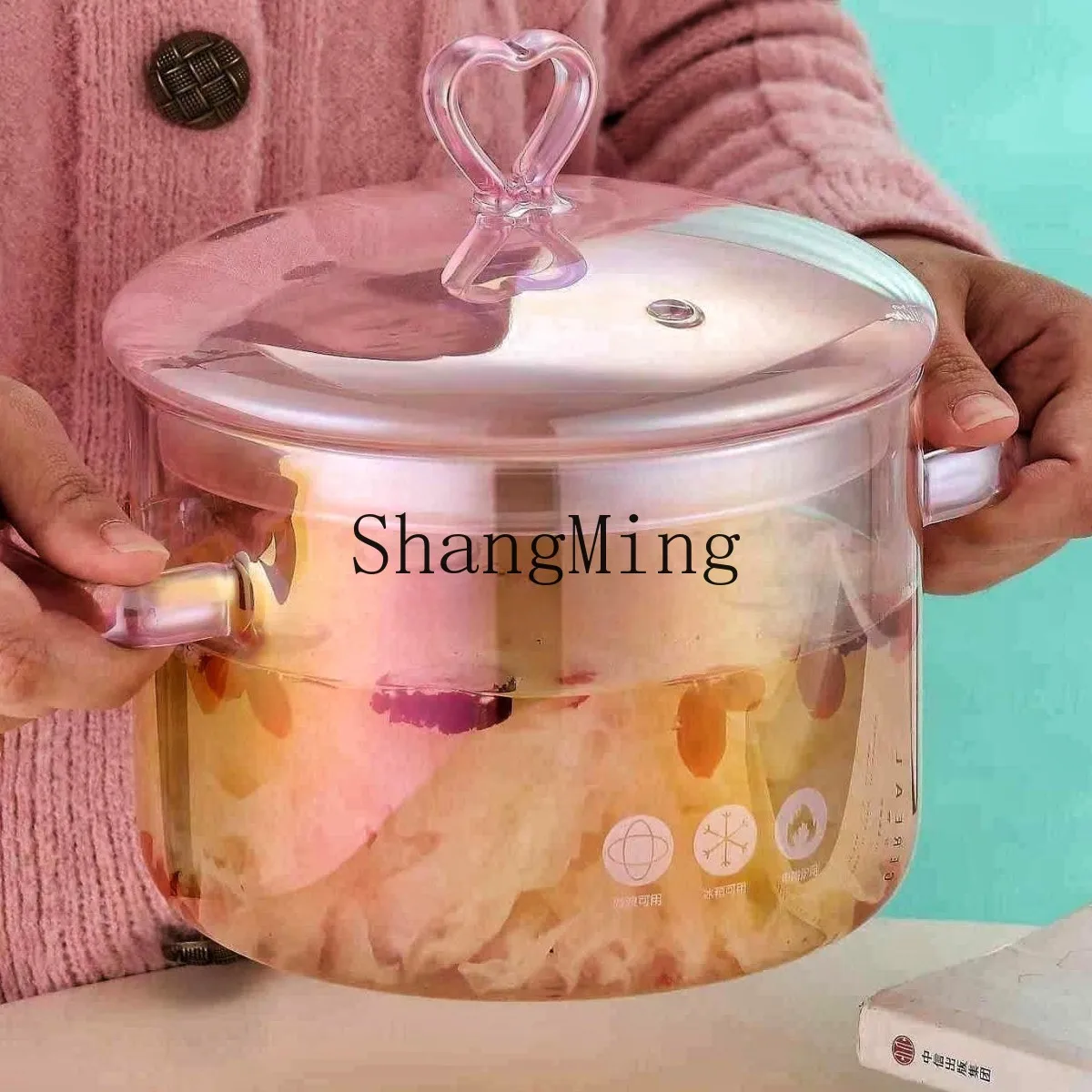 DSA Pink Colorful High Borosilicate Glass Pot Love Lid Button Amphora Household Instant Noodle Bowl Stew Soup Pot