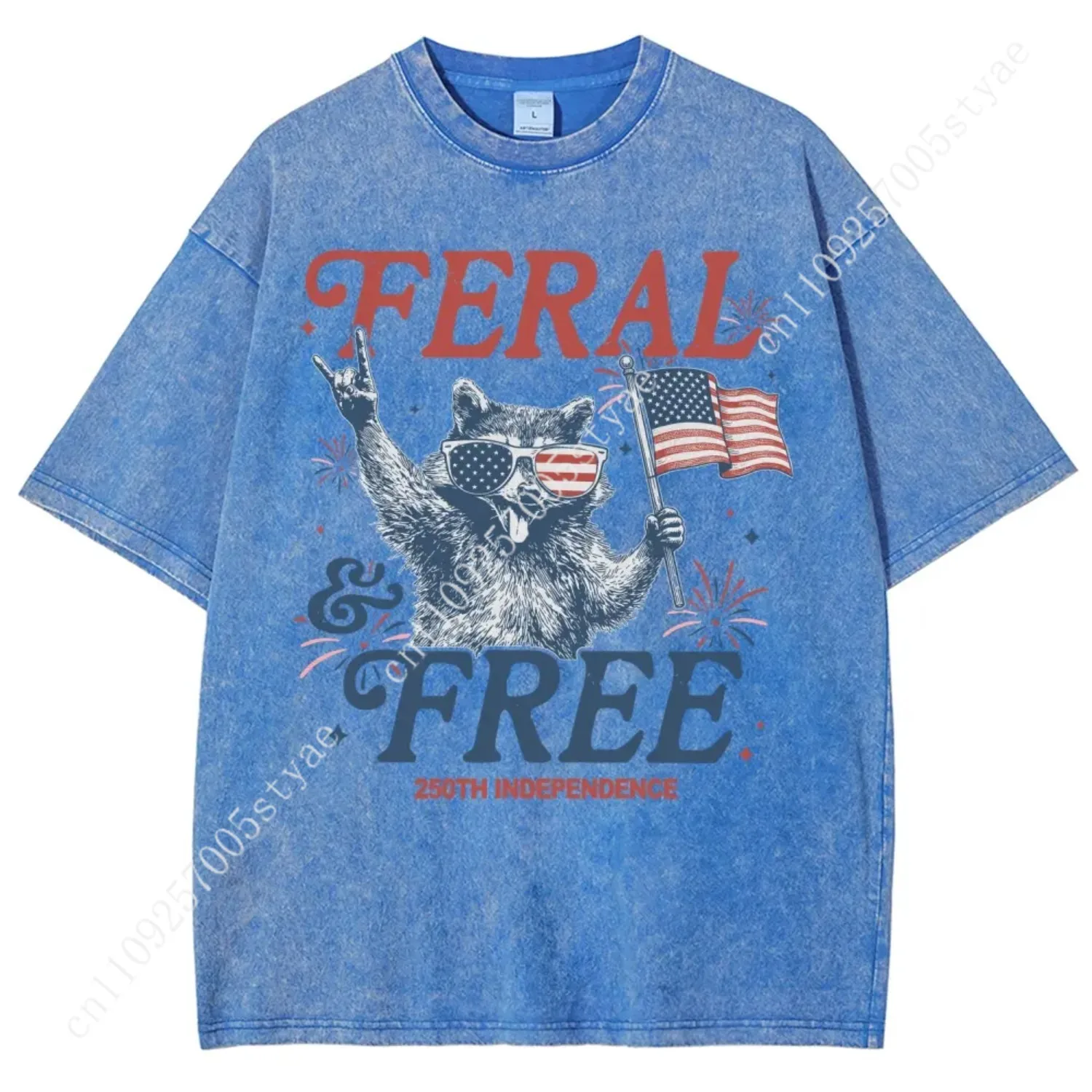 Firework Feral & Free Raccoon 4th Of July T-Shirt, Vintage Washed Heavyweight Stone Wash Oversized Tee, Funny Patriotic Feral Sh